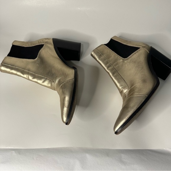 Schutz Happy Platina Gold Leather Chelsea Block Booties Pointed Toe Formal - Picture 5 of 14
